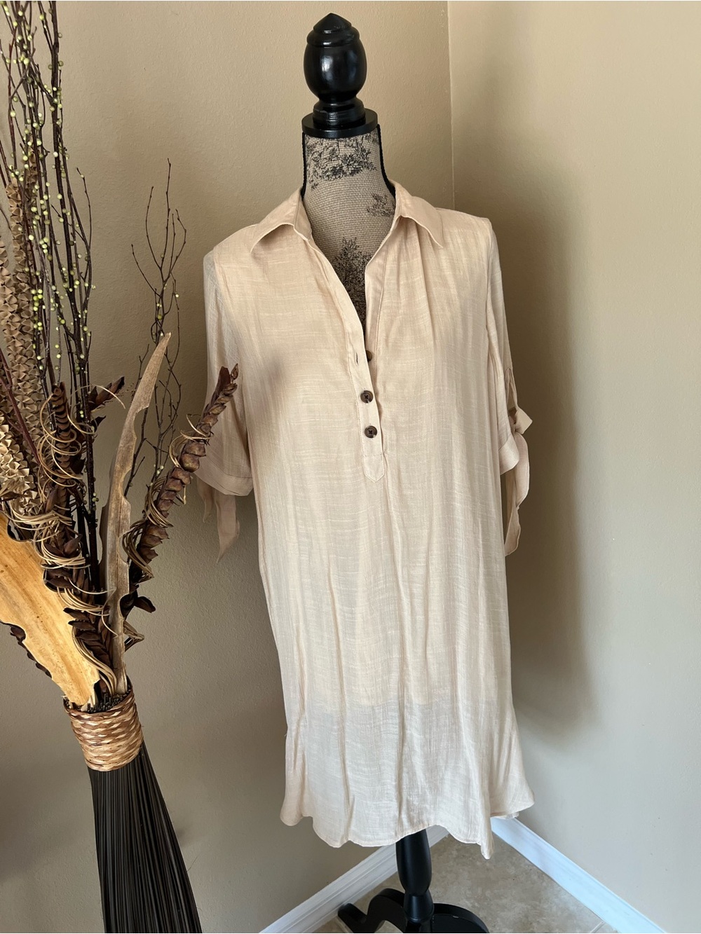 NWOT Light Cream Mini Shirt Dress with Button Placket and Roll-Tab Sleeves